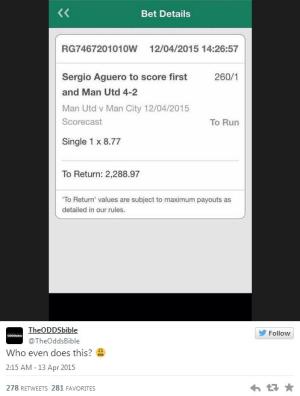 Một CĐV bóng đá thắng lớn nhờ đặt niềm tin vào M.U và Aguero