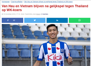 Báo Hà Lan khen ngợi Đoàn Văn Hậu sau trận hòa Thái Lan