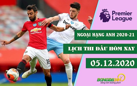 Lịch thi đấu Ngoại hạng Anh/Premier League 2020-2021 hôm nay 5/12