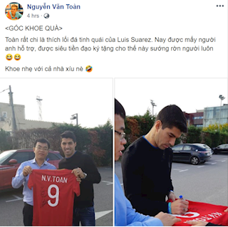 Tiền đạo Luis Suarez ký tặng áo đấu cho Văn Toàn