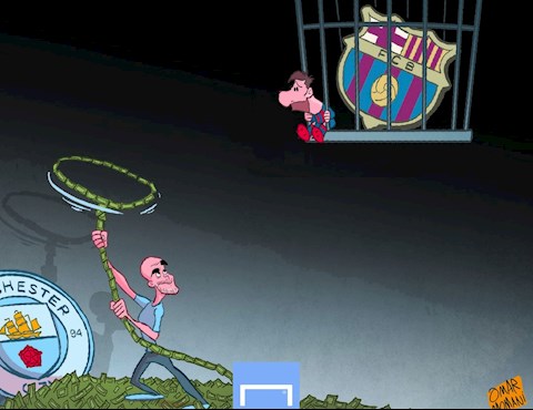 Biếm họa: Lionel Messi bị Pep Guardiola câu về Man City