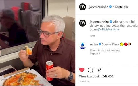 Mourinho đánh chén pizza sau chiến thắng