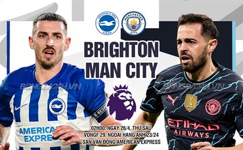 Trực tiếp bóng đá Brighton vs Man City 2h00 ngày 26/4 (Ngoại hạng Anh 2023/24)
