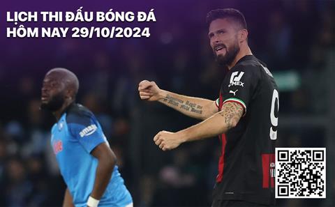 Lịch thi đấu, trực tiếp bóng đá ngày 29/10: AC Milan - Napoli