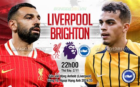 Trực tiếp bóng đá Liverpool vs Brighton 22h00 ngày 2/11 (Ngoại hạng Anh 2024/25)