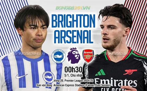 Trực tiếp bóng đá Brighton vs Arsenal 0h30 ngày 5/1 (Ngoại hạng Anh 2024/25)