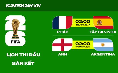Lịch bán kết World Cup 2026 giờ Việt Nam: Pháp vs Tây Ban Nha, Anh vs Argentina