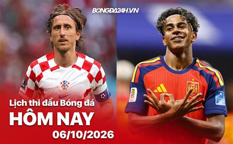 Lịch thi đấu, trực tiếp bóng đá hôm nay 06/10/2026: Croatia vs Tây Ban Nha