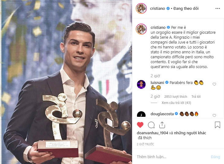 Ronaldo đăng tải bài viết sau khi nhận giải thưởng này
