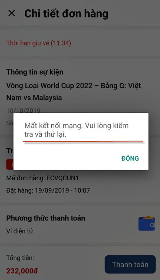 Lỗi gặp phải khi mua vé trận Việt Nam vs Malaysia