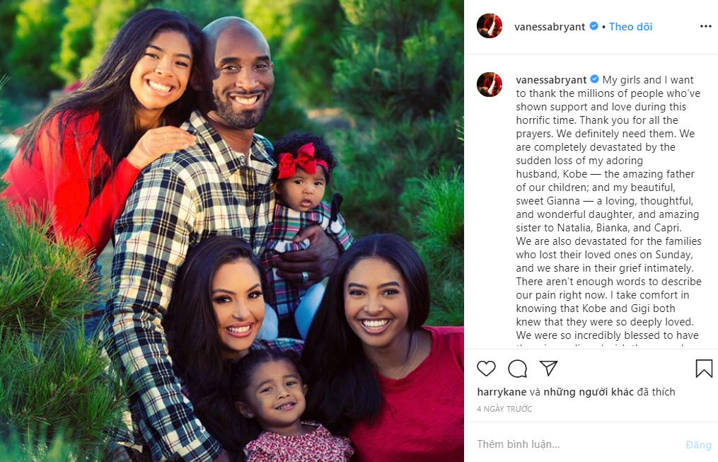 Vợ Kobe Bryant chia sẻ cảm xúc và tình hình hiện tại của gia đình