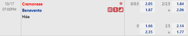 Tỷ lệ Cremonese vs Benevento