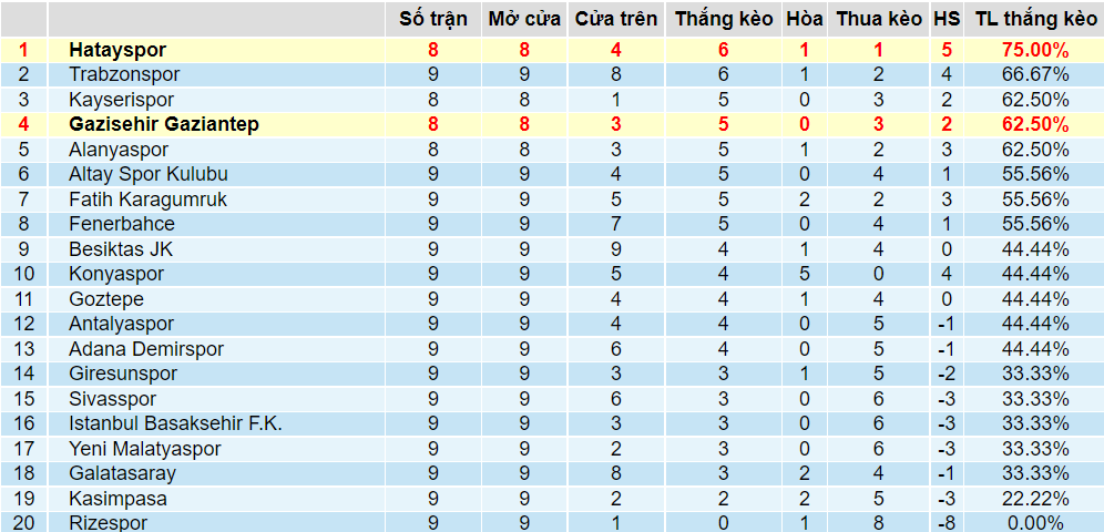 Tỉ lệ thắng kèo Hatayspor vs Gaziantep