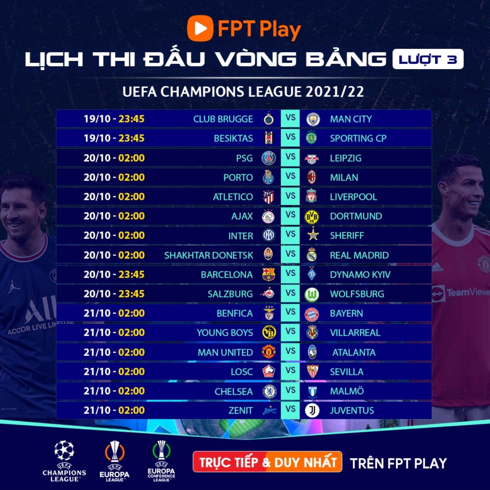 Lịch thi đấu lượt 3 vòng bảng UEFA Champions League 2021/ 2022