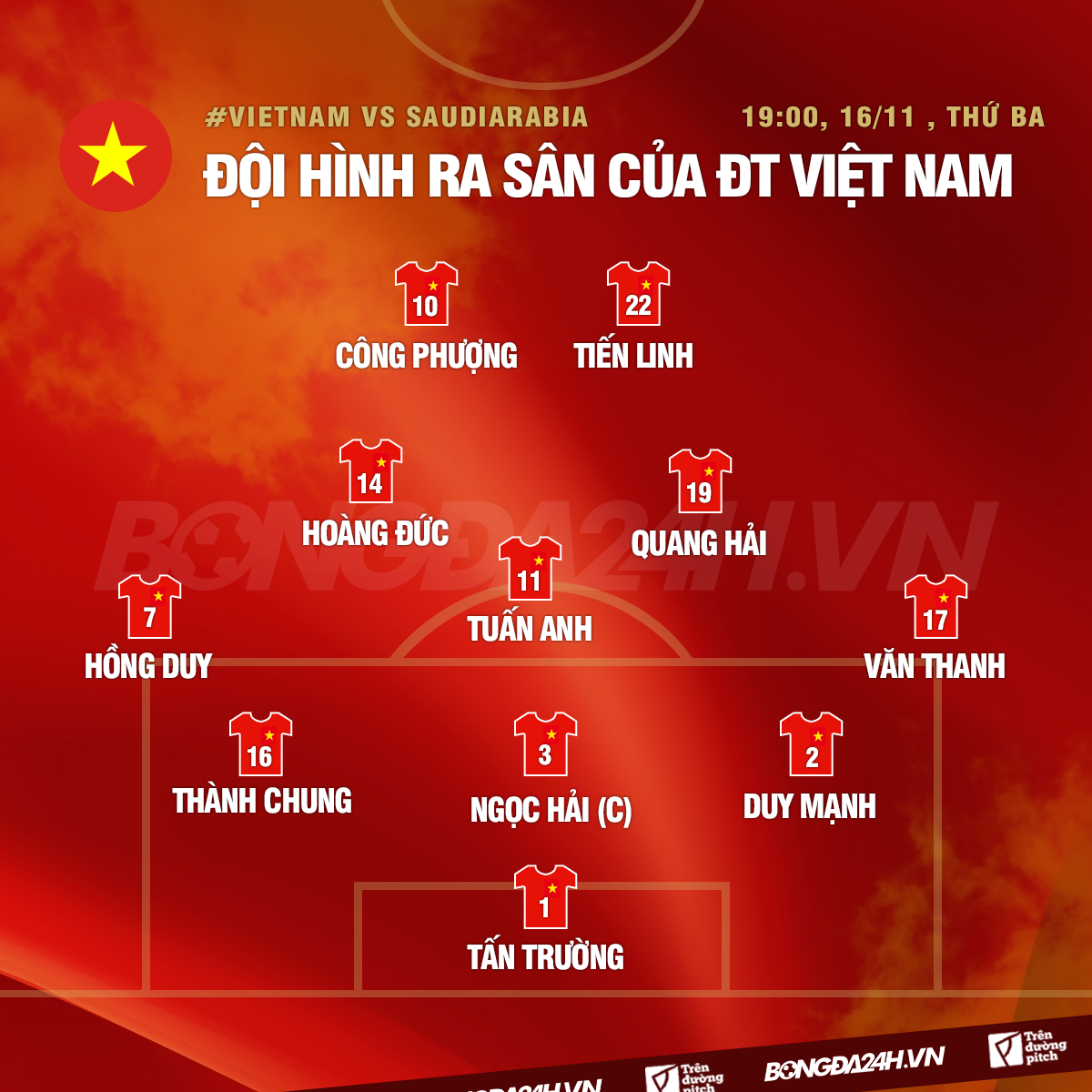 Đội hình Việt Nam vs Saudi Arabia chính thức 19h00 ngày 16/11