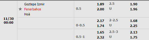 Tỷ lệ Goztepe vs Fenerbahce