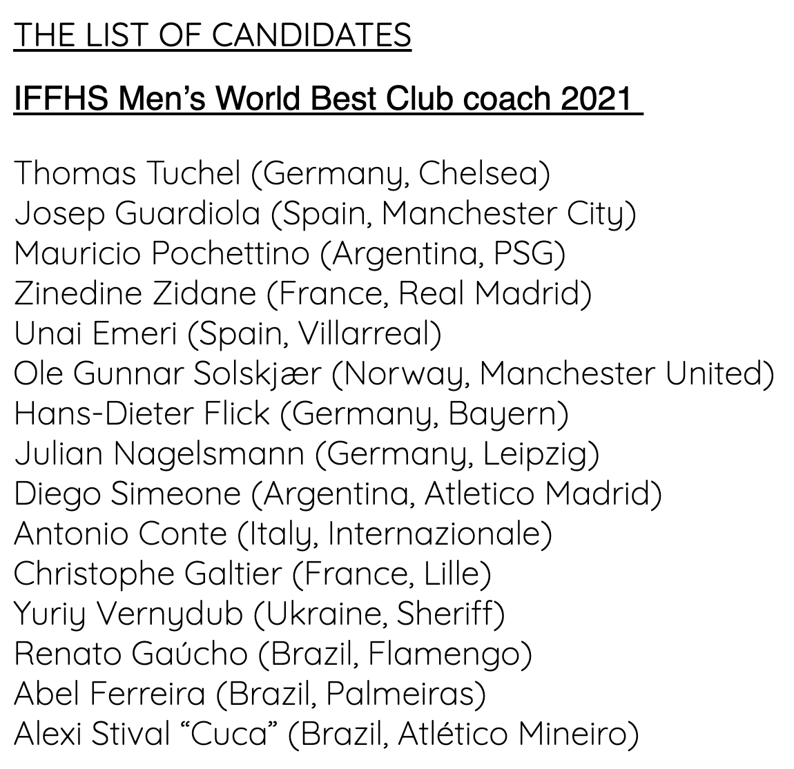 Danh sách 15 HLV hay nhất thế giới 2021 cấp CLB