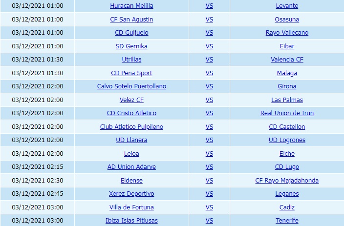 San Agustin vs Osasuna, Guijuelo vs Vallecano, Leioa vs Elche, Ibiza Islas vs Tenerife, Huracan Melilla vs Levante