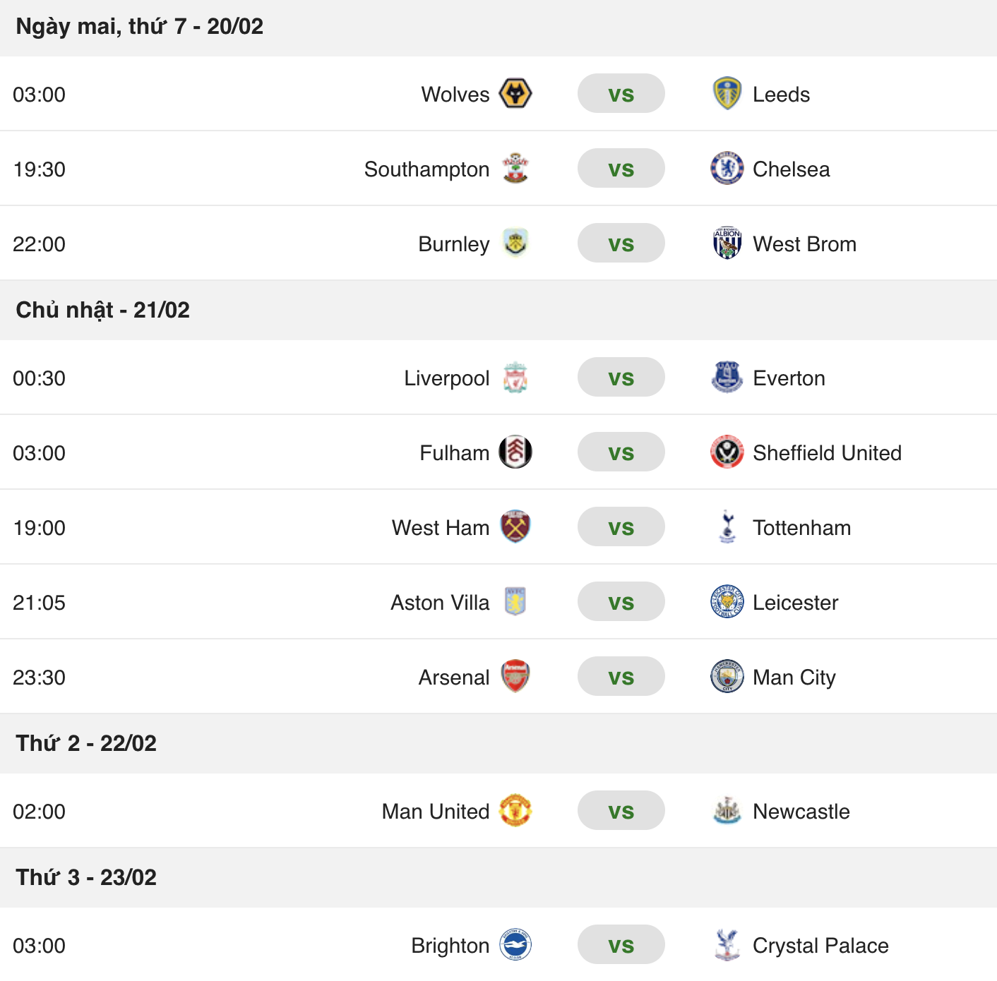 Lịch thi đấu vòng 25 Premier League 2020/21