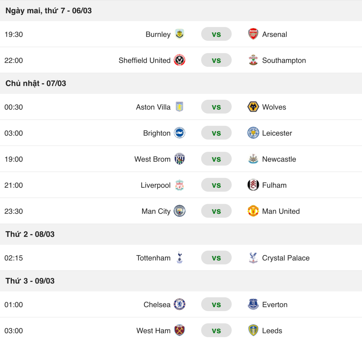 Lịch thi đấu vòng 27 Premier League