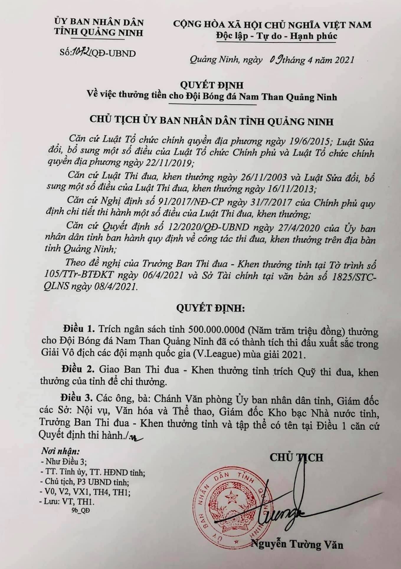 Quảng Ninh nhận công văn thưởng 500 triệu đồng