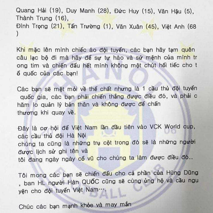 HLV Park Choong Kyun gửi thư động viên nhóm cầu thủ Hà Nội