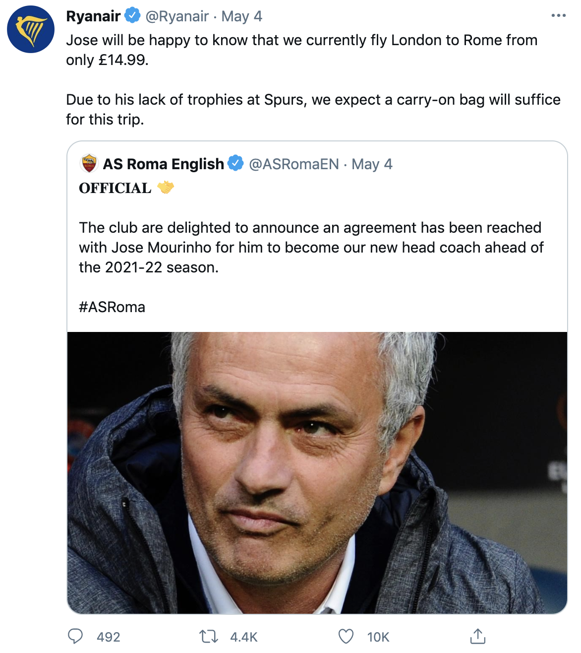 Vừa tới Roma, HLV Jose Mourinho đã bị cà khịa vì trắng tay hình ảnh