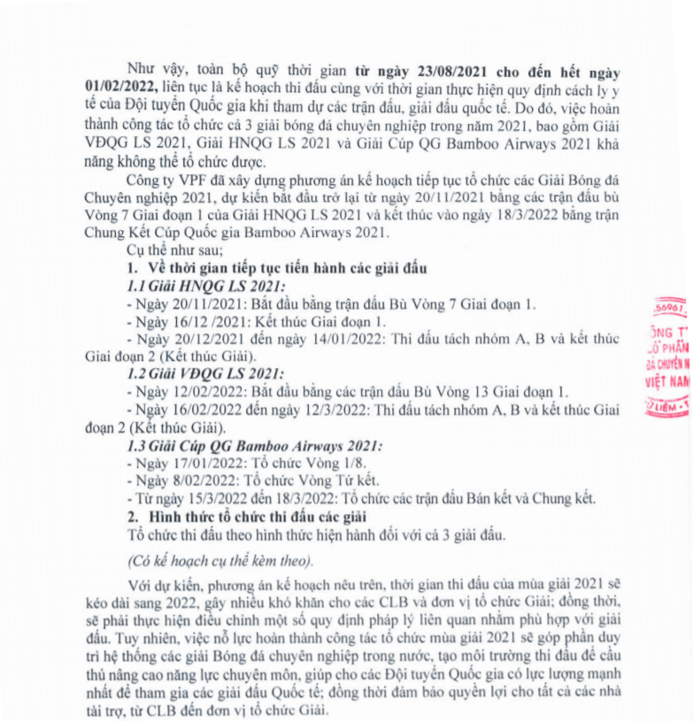 VPF gửi thông báo đề xuất hoãn V.League 2021 tới tháng 2/2022 VPF gửi thông báo đề xuất hoãn V.League 2021 tới tháng 2/2022