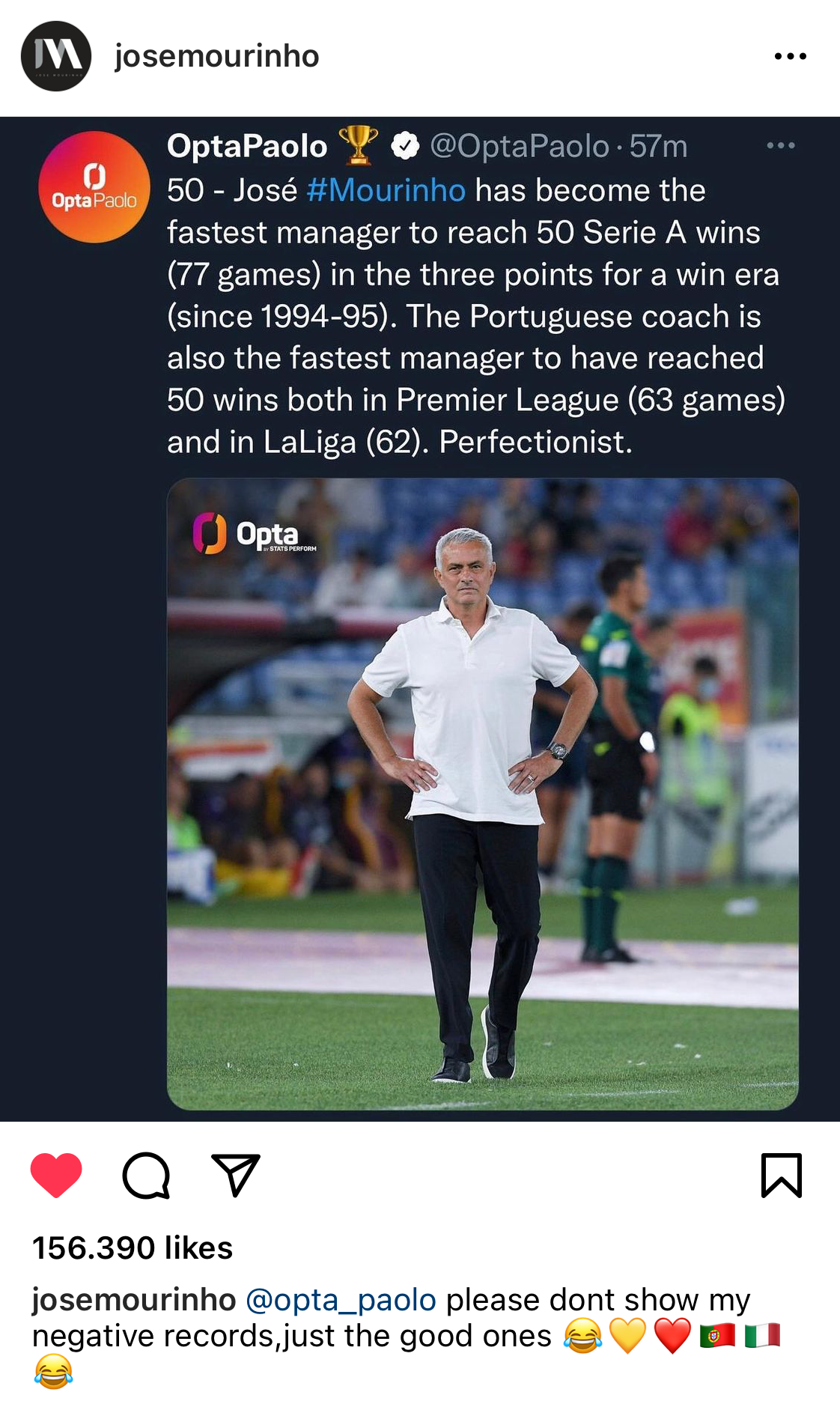 Mourinho không muốn Opta thống kê xấu về mình