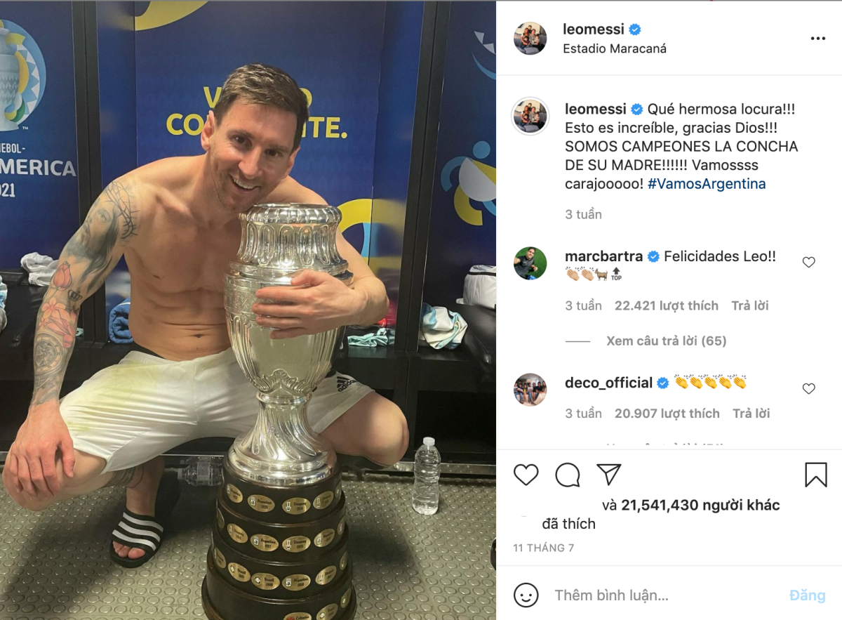 Bức ảnh Messi ăn mừng chức vô địch Copa đã có 21,5 triệu like
