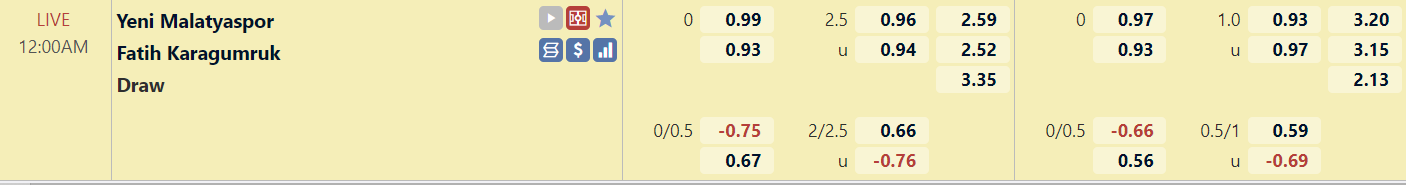 Tỉ lệ trận Yeni Malatyaspor vs Fatih Karagumruk