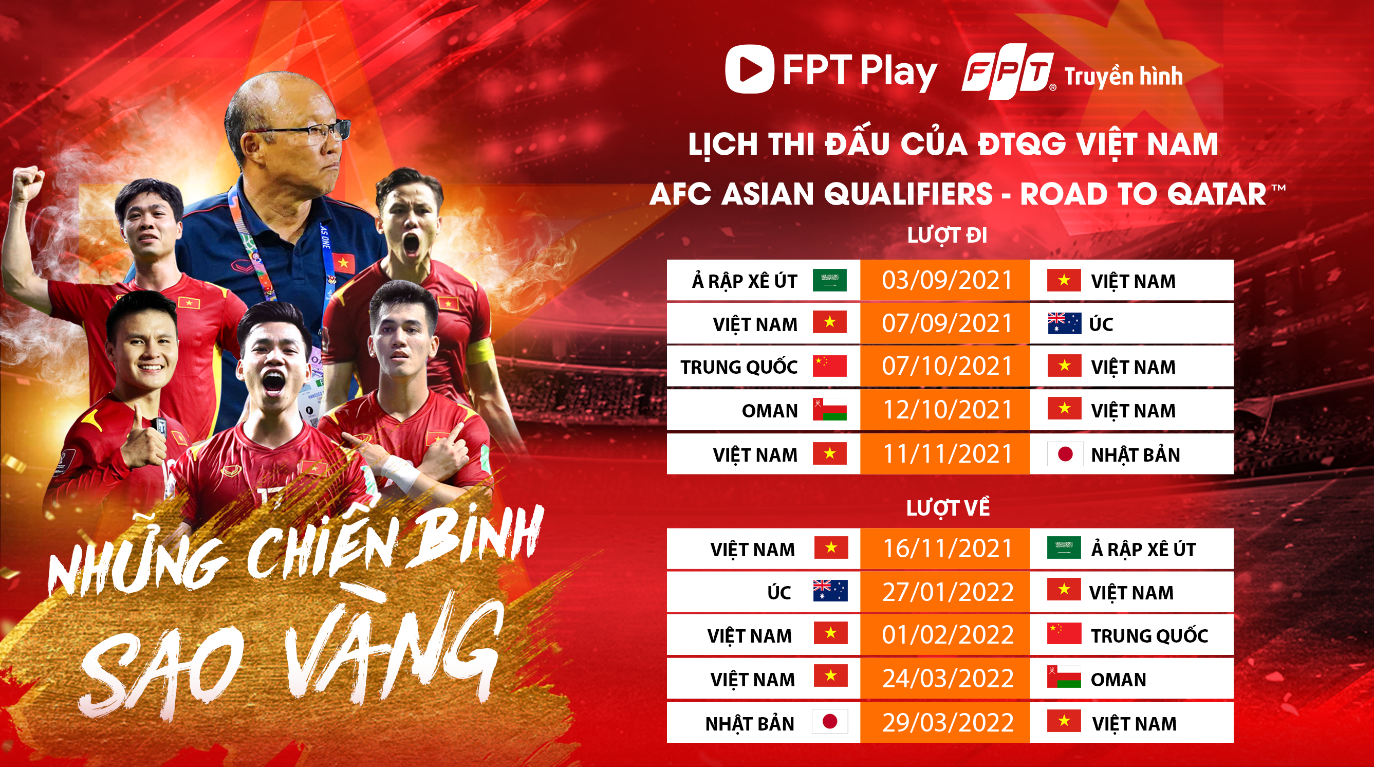 Lịch phát sóng các trận đấu của ĐTVN tại AFC Asian Qualifiers - Road to Qatar