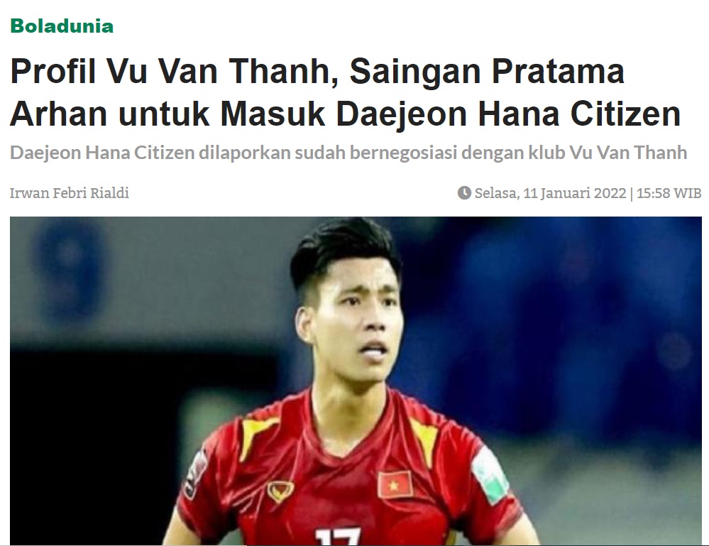 Tờ Bolatimes lo ngại khi Văn Thanh được CLB Daejeon Hana Citizen quan tâm