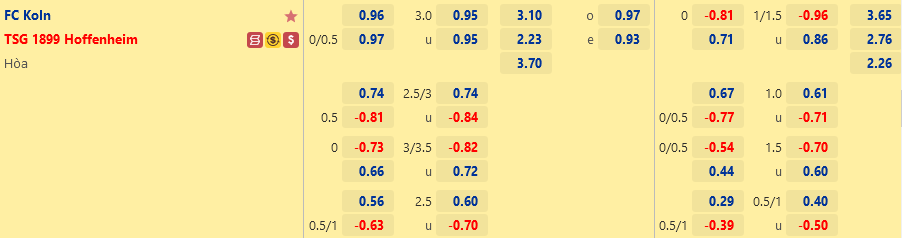 Ty le Cologne vs Hoffenheim