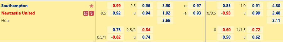 Ty le Southampton vs Newcastle