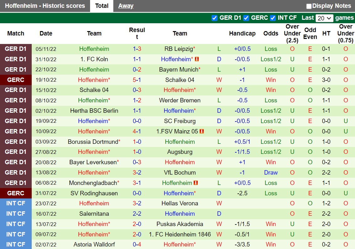 Thành tích gần đây của đội Hoffenheim