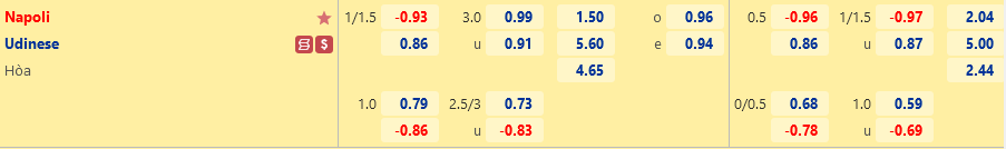Ty le Napoli vs Udinese