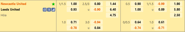 ty le keo Newcastle vs Leeds