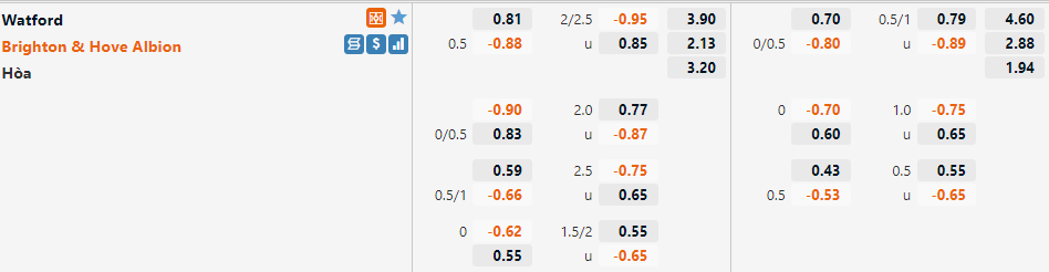 Tỷ lệ Watford vs Brighton