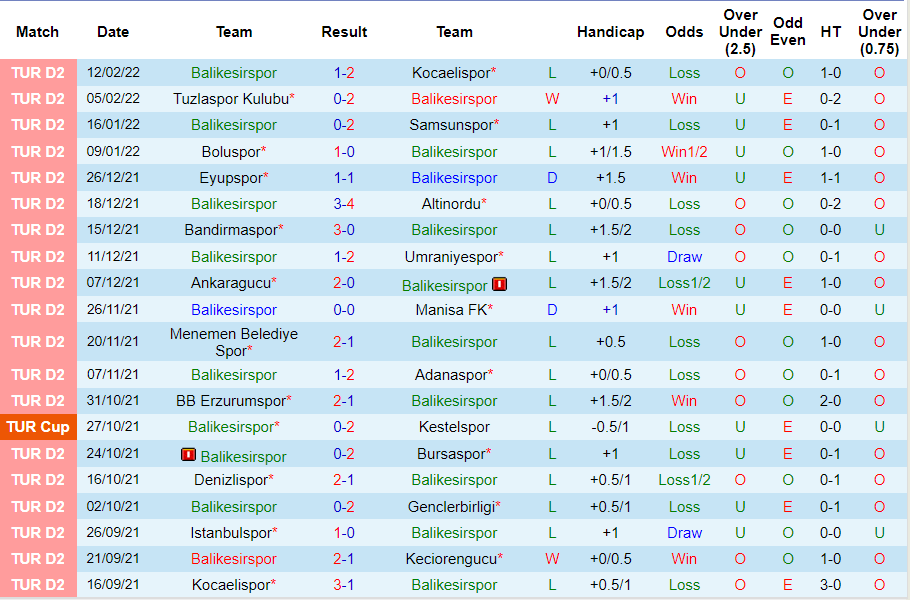 Thành tích gần đây của Balikesirspor