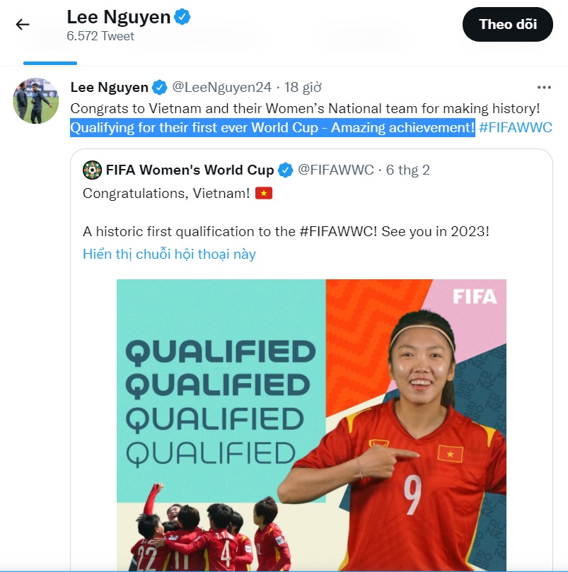 Lee Nguyễn gửi lời chúc mừng tới ĐT nữ Việt Nam trên trang cá nhân