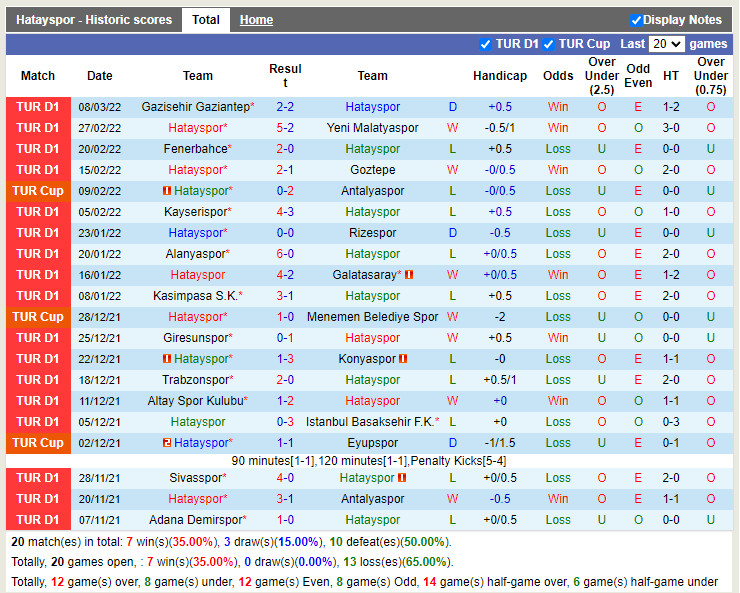 Thành tích gần đây của Hatayspor