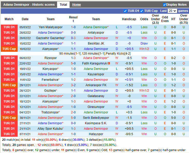 Thành tích gần đây của Adana Demirspor