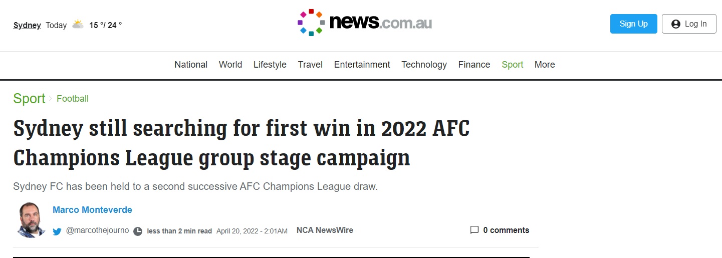 News.com.au tỏ ra thất vọng với màn trình diễn của Sydney FC News.com.au tỏ ra thất vọng với màn trình diễn của Sydney FC