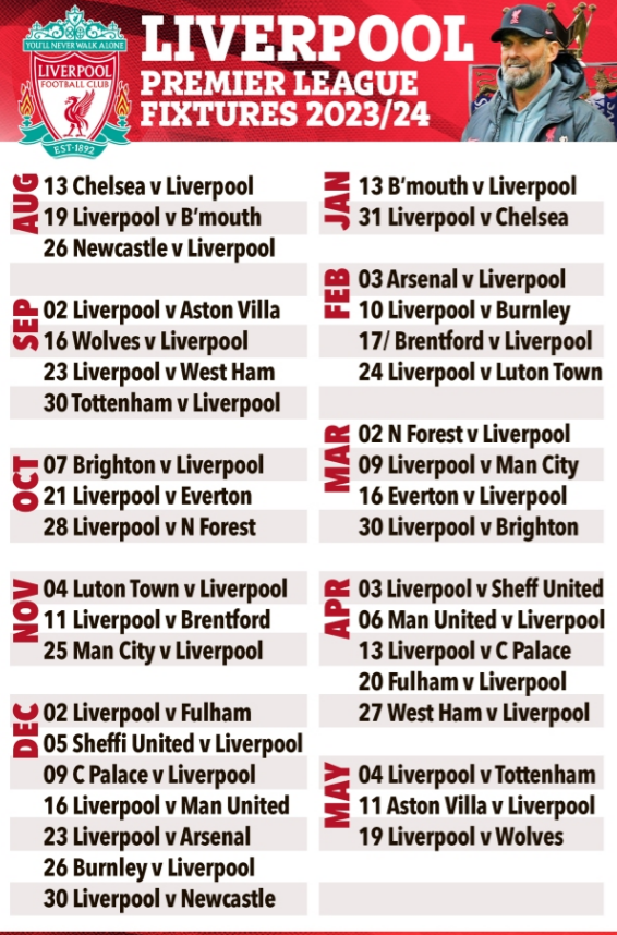 Lịch thi đấu kinh hoàng của Liverpool ở Ngoại hạng Anh 2023/24 Lich thi dau kinh hoang cua Liverpool o Ngoai hang Anh 2023/24