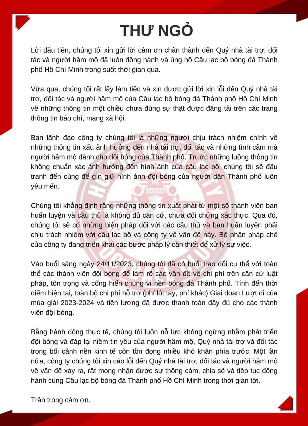 CLB TPHCM chính thức lên tiếng về lùm xùm tài chính 1