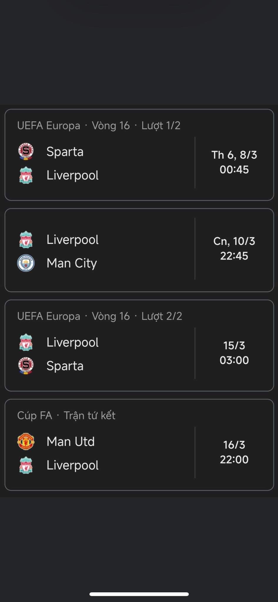 Lich thi dau cua Liverpool trong thoi gian toi