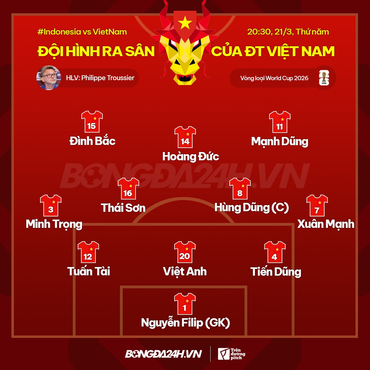 doi hinh chinh thuc dT Viet Nam dau voi Indonesia (21/3/2024)