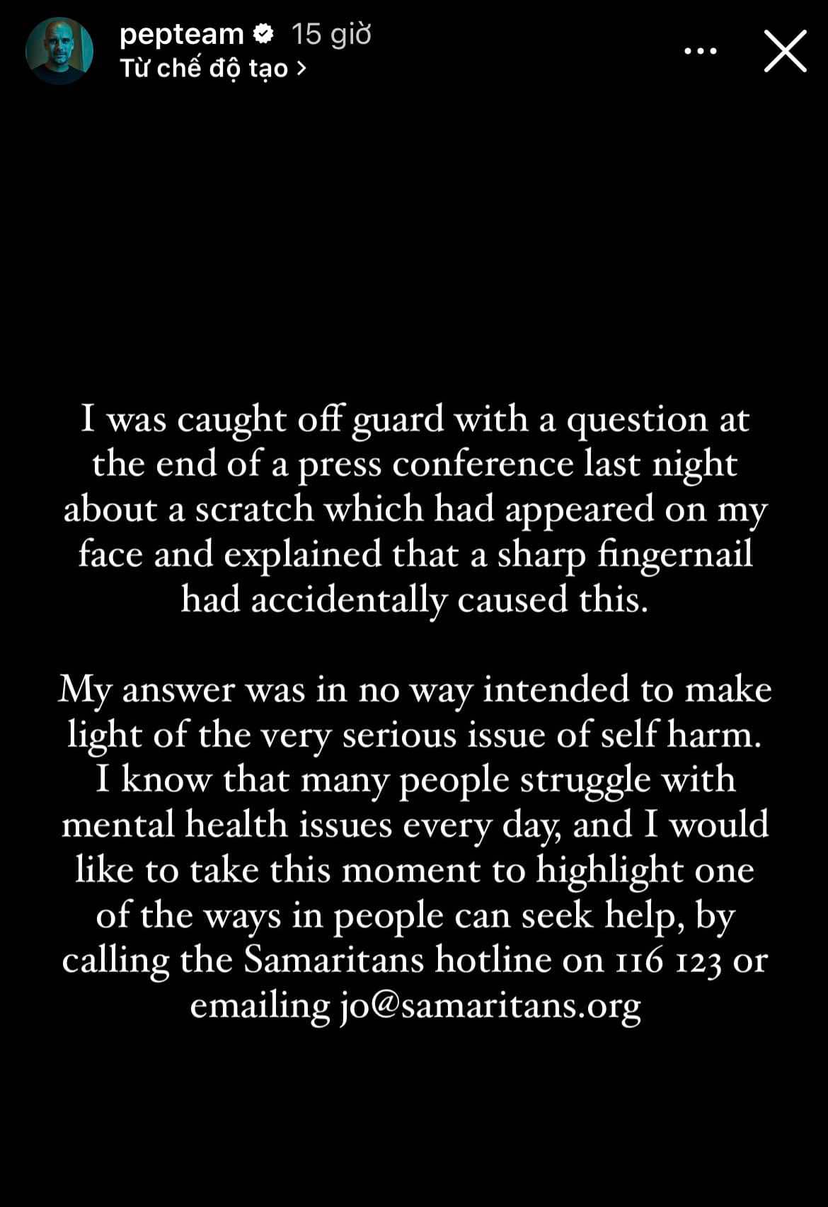 Pep Guardiola lên tiếng đính chính về vết xước trên mặt như bị đánh 1