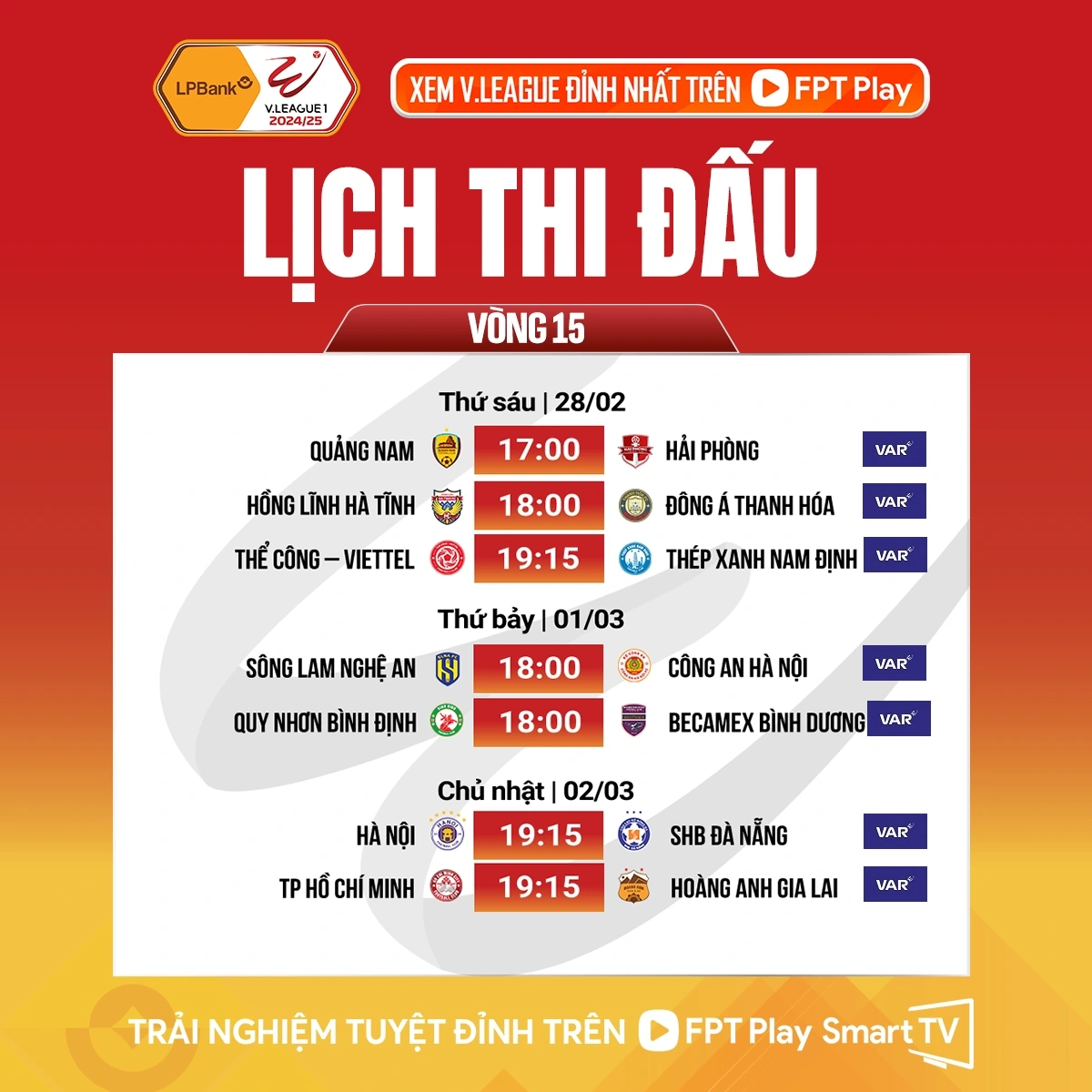 Lịch thi đấu vòng 15 V-League 202425 Điểm nóng Mỹ Đình 1